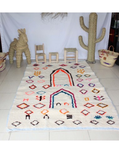 GRAND Tapis Marocain Beni Ouarain - Motif berbère Multicolore - 100% Laine de mouton - Tissé Main - ou a consommer sur place